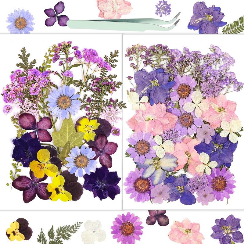 Resiners Dried Flowers, 58Pcs Pressed Flowers for Craft Purple Real Natural Dried Flowers Dry Leaves Kit for DIY Making Crafts Resin Soap Candle Scrapbook Supplies Card Making Jewelry - Image 1
